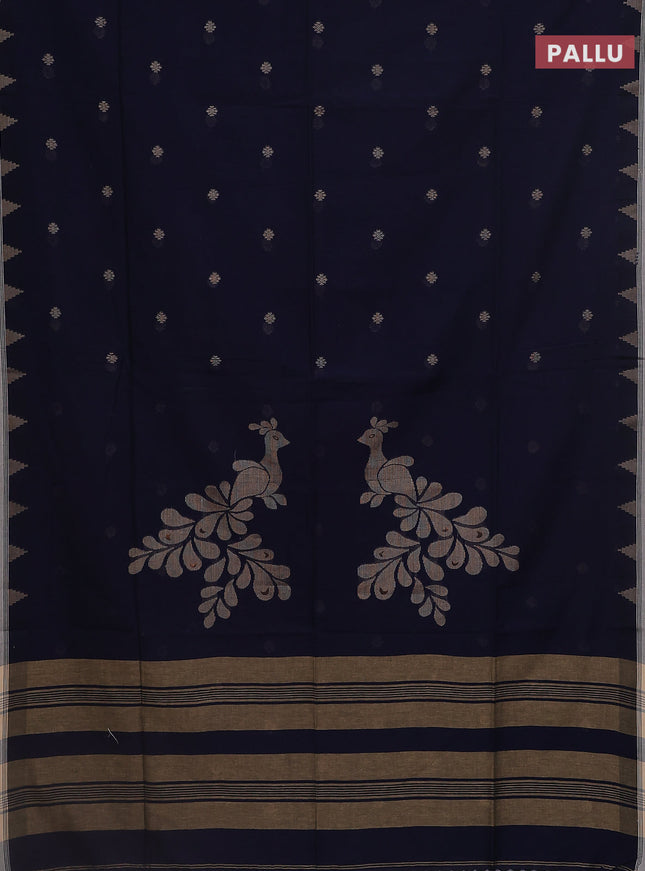 Khadi cotton saree navy blue and sandal with thread woven buttas and temple design simple border