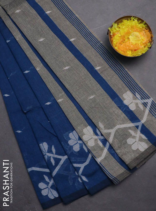 Khadi cotton saree cs blue and grey with allover thread woven buttas and piping border