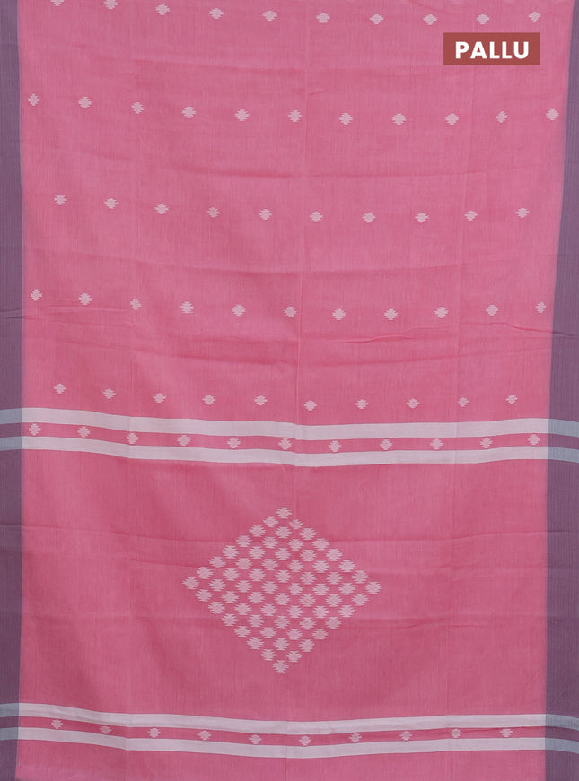 Khadi cotton saree peach pink and grey with thread woven ikat buttas and simple border