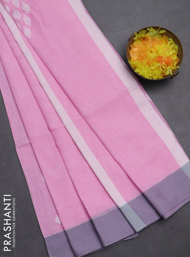 Khadi cotton saree light pink and grey with thread woven ikat buttas and simple border