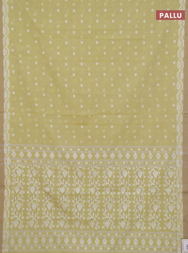 Khadi cotton saree lime yellow shade and beige with thread woven buttas and simple border