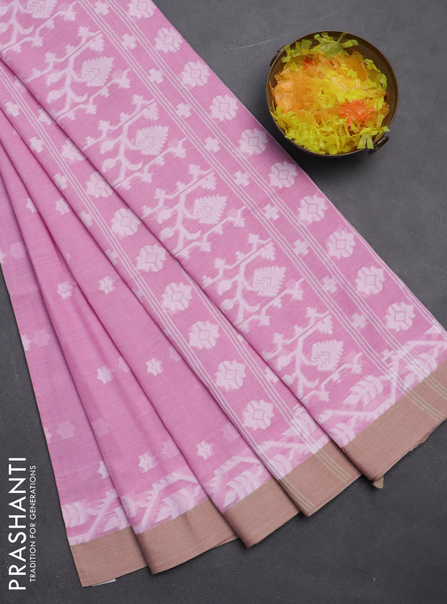 Khadi cotton saree light pink and sandal with thread woven buttas and simple border