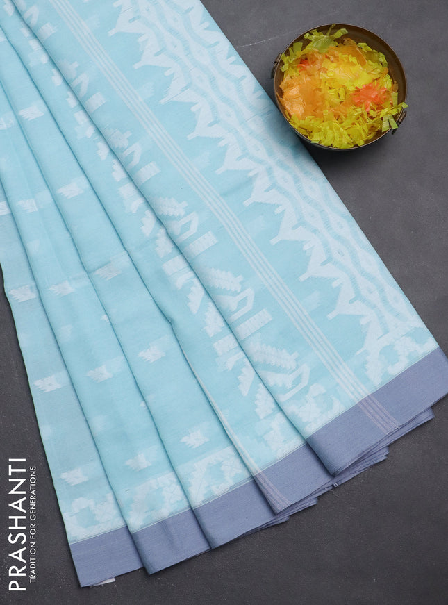 Khadi cotton saree teal blue and grey with allover thread woven buttas and thread woven simple border