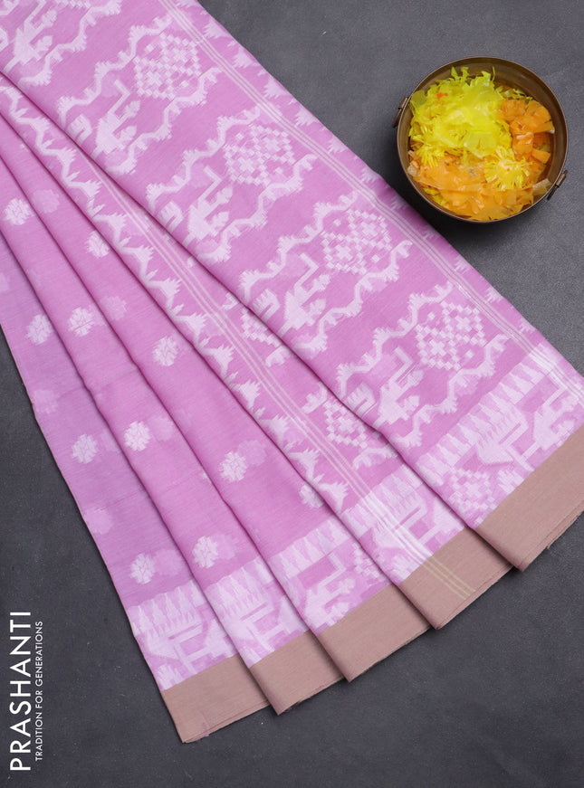 Khadi cotton saree lavender shade and beige with thread woven ikat buttas and simple border