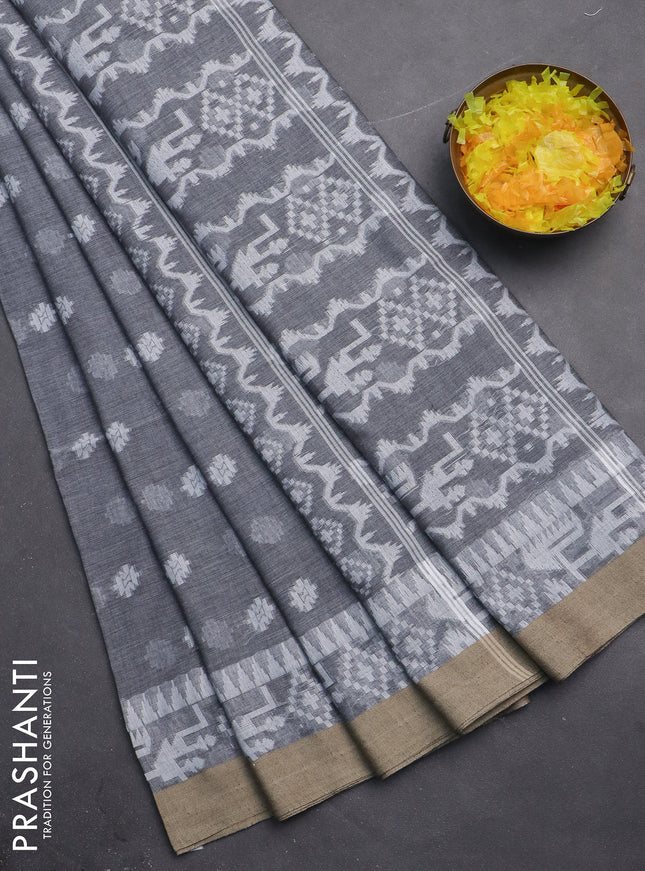 Khadi cotton saree grey and beige with thread woven ikat buttas and simple border