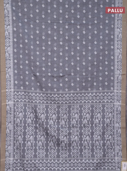 Khadi cotton saree grey and beige with thread woven ikat buttas and simple border