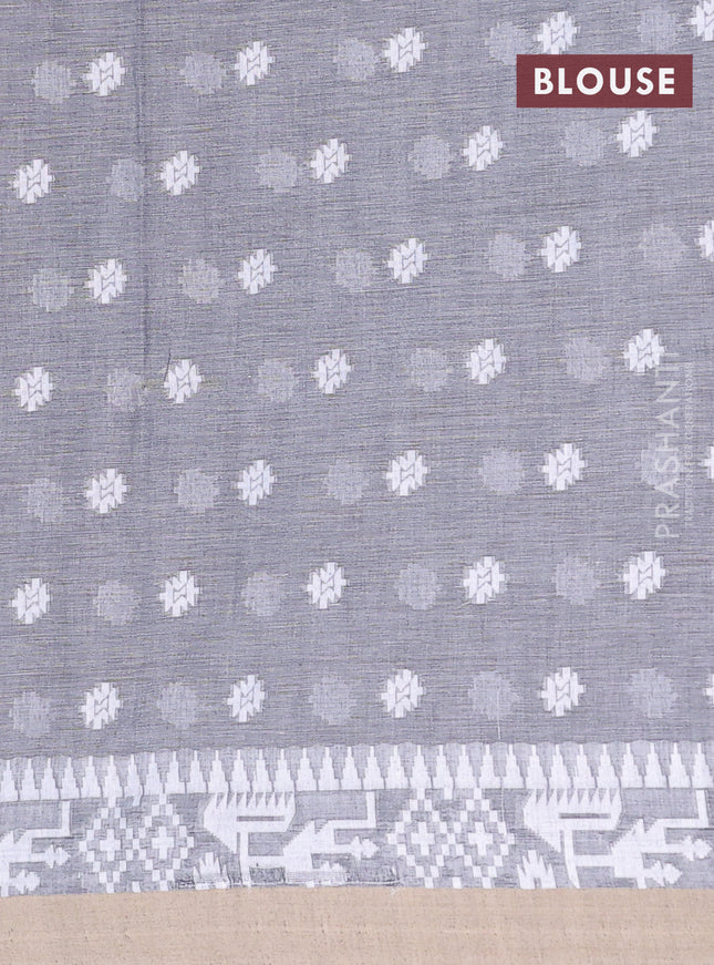 Khadi cotton saree grey and beige with thread woven ikat buttas and simple border