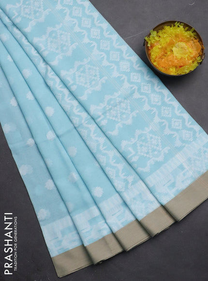 Khadi cotton saree teal blue and beige with thread woven ikat buttas and simple border