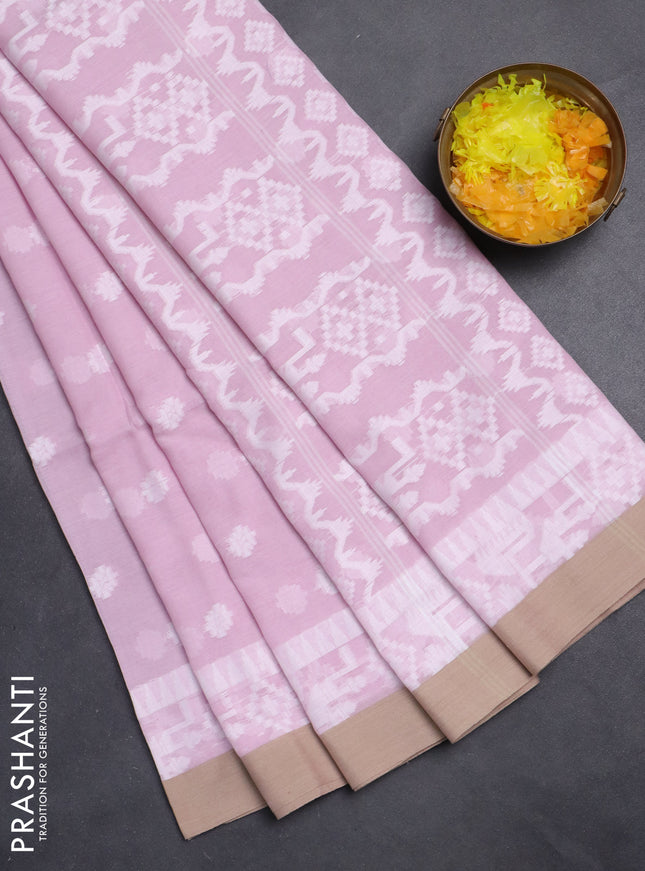 Khadi cotton saree baby pink and beige with thread woven ikat buttas and simple border