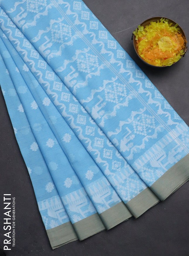 Khadi cotton saree light blue and beige with thread woven ikat buttas and simple border