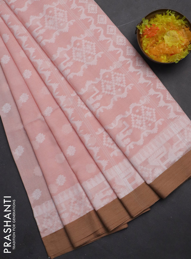 Khadi cotton saree peach orange and beige with thread woven ikat buttas and simple border