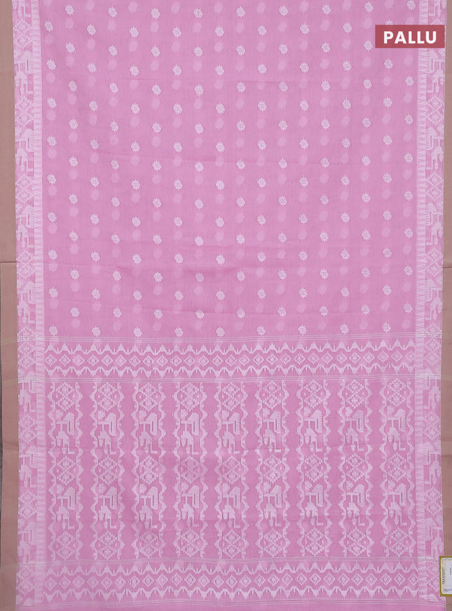 Khadi cotton saree light pink and beige with thread woven ikat buttas and simple border