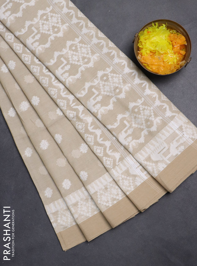 Khadi cotton saree beige with thread woven ikat buttas and simple border