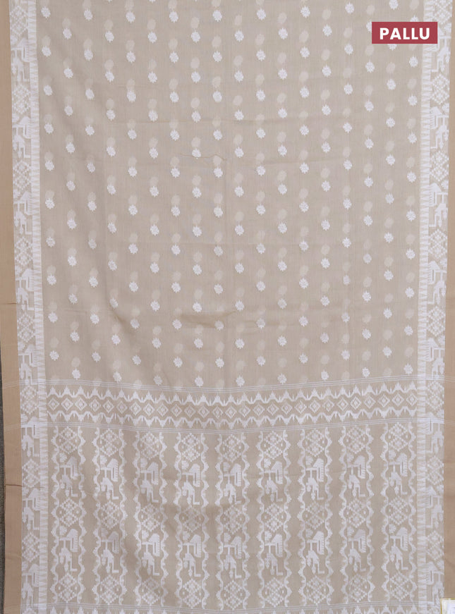 Khadi cotton saree beige with thread woven ikat buttas and simple border