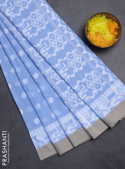 Khadi cotton saree blue shade and beige with thread woven ikat buttas and simple border