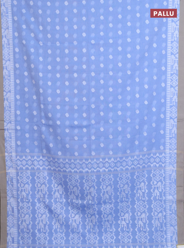 Khadi cotton saree blue shade and beige with thread woven ikat buttas and simple border