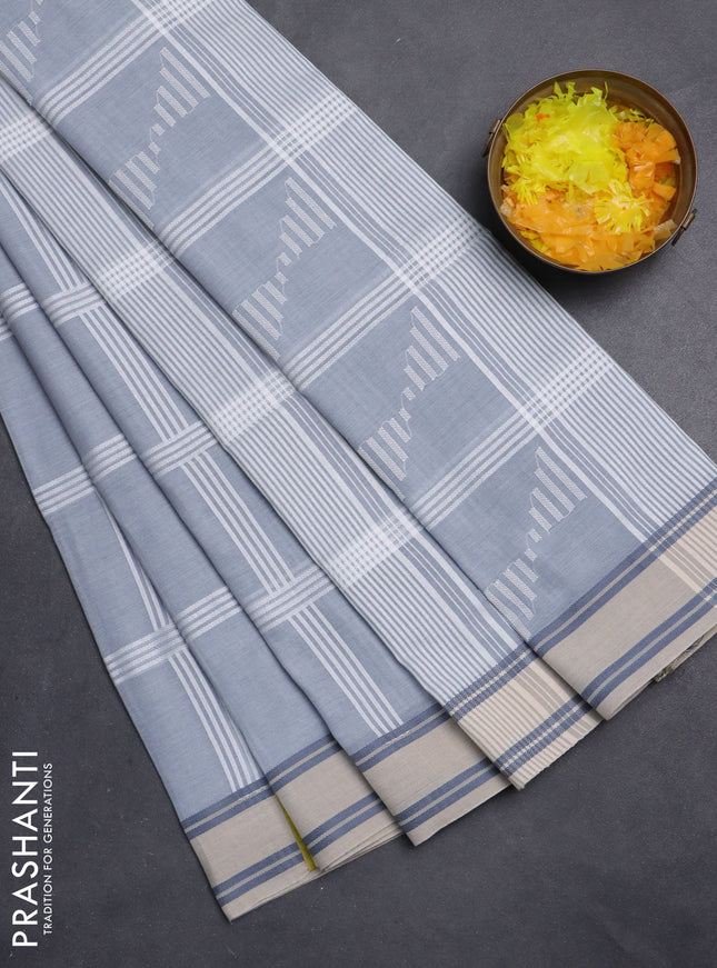 Khadi cotton saree grey and beige with allover checked pattern and rettapet thread woven border