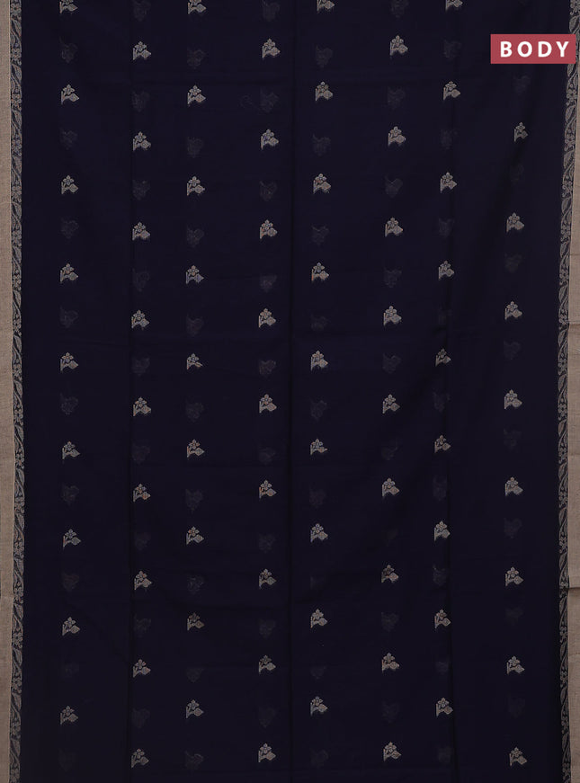 Khadi cotton saree navy blue and sandal with thread woven buttas and thread woven border