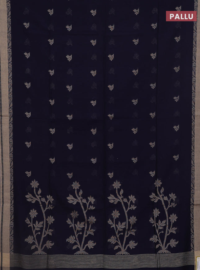Khadi cotton saree navy blue and sandal with thread woven buttas and thread woven border