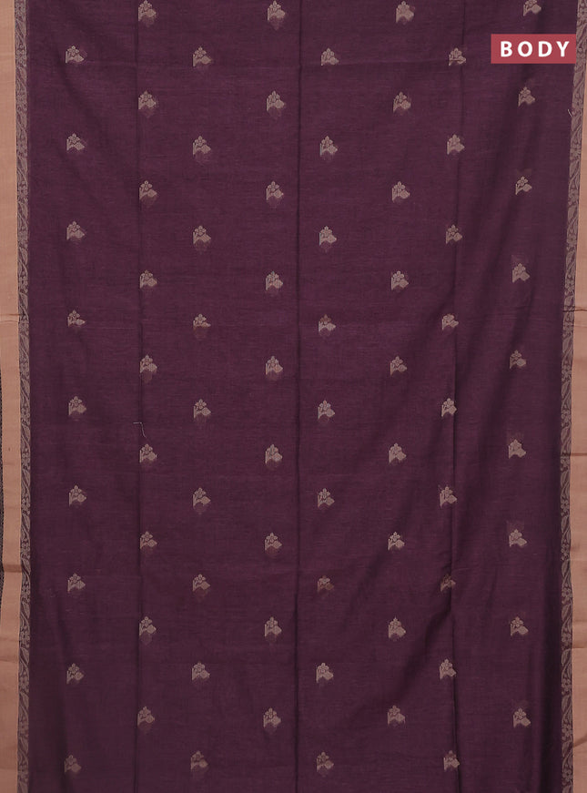 Khadi cotton saree wine shade and sandal with thread woven buttas and thread woven border