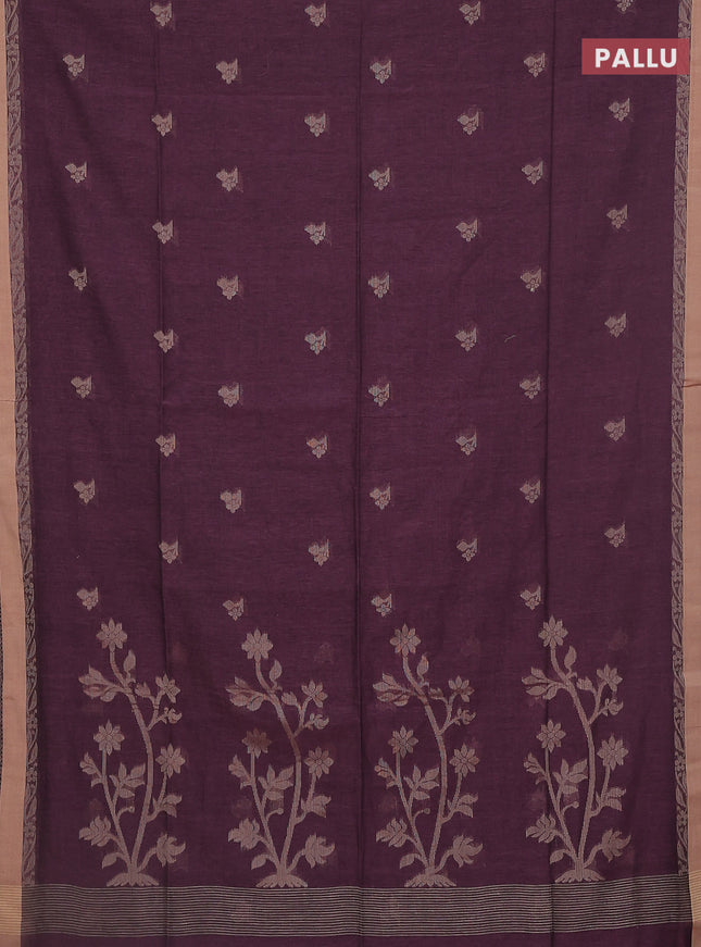 Khadi cotton saree wine shade and sandal with thread woven buttas and thread woven border