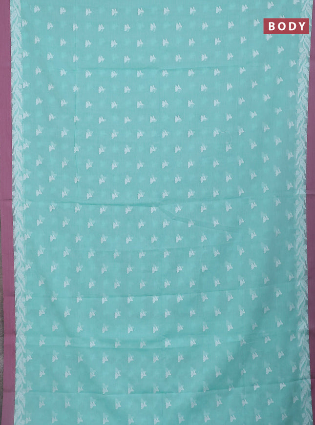 Khadi cotton saree teal green shade and mauve pink with allover thread woven floral buttas and simple border