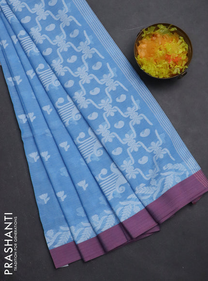 Khadi cotton saree light blue and mauve pink with allover thread woven floral buttas and simple border