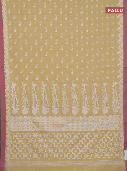 Khadi cotton saree yellow shade and mauve pink with allover thread woven floral buttas and simple border