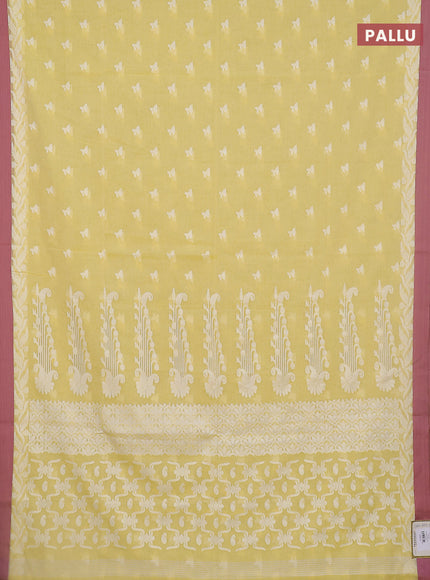 Khadi cotton saree pale yellow and mauve pink with allover thread woven floral buttas and simple border