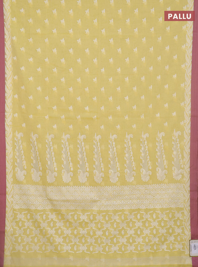 Khadi cotton saree pale yellow and mauve pink with allover thread woven floral buttas and simple border