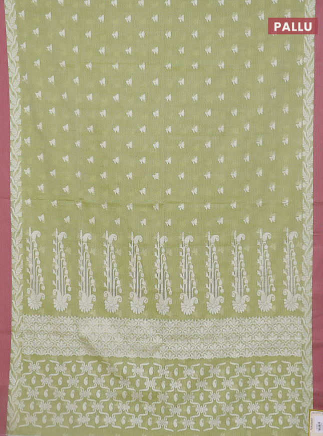 Khadi cotton saree pista green and mauve pink with allover thread woven floral buttas and simple border