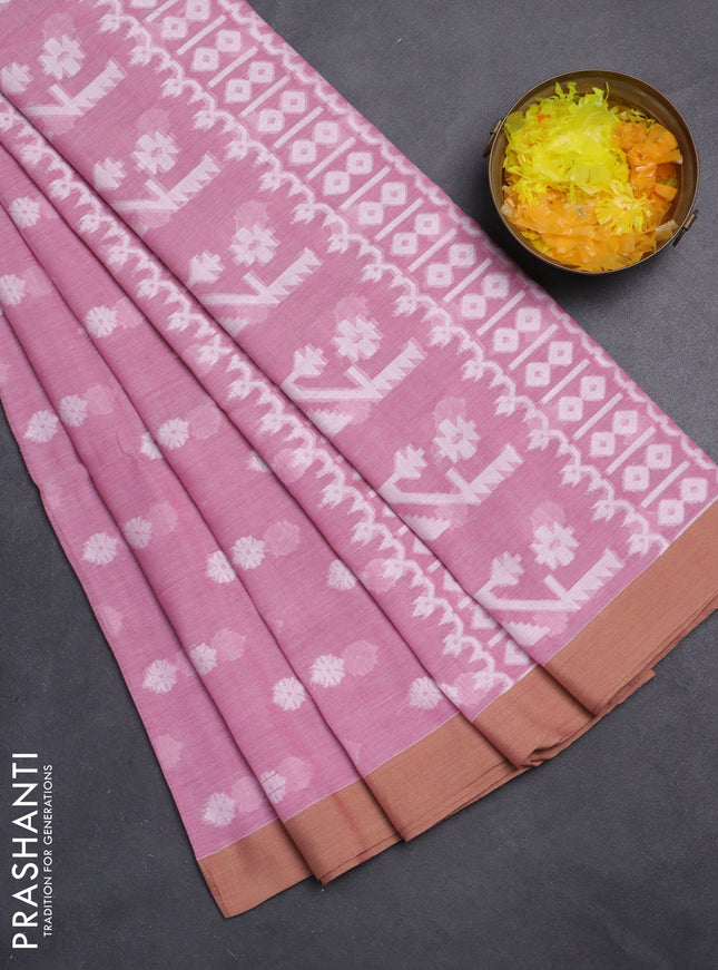Khadi cotton saree light pink and sandal with allover thread woven ikat buttas and simple border