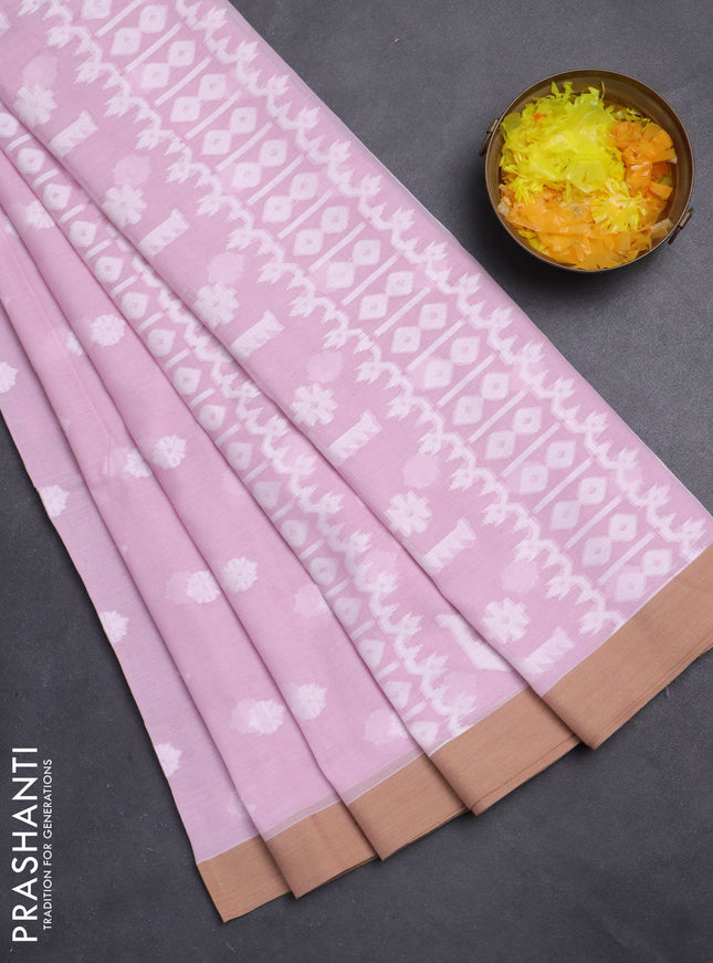 Khadi cotton saree baby pink and sandal with allover thread woven ikat buttas and simple border