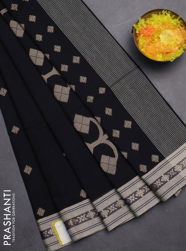 Khadi cotton saree black and sandal with thread woven ikat buttas and thread woven simple border