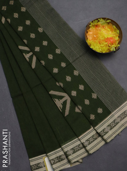 Khadi cotton saree sap green and sandal with thread woven ikat buttas and thread woven simple border
