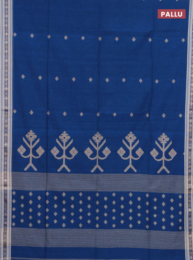 Khadi cotton saree peacock blue and beige with thread woven ikat buttas and thread woven simple border