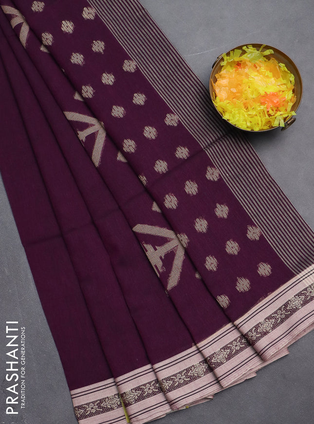 Khadi cotton saree purple and sandal with thread woven ikat buttas and thread woven simple border