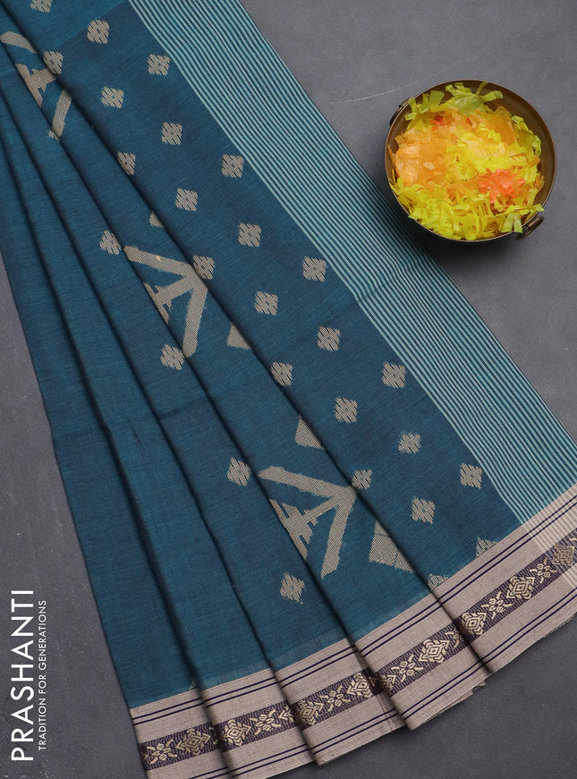 Khadi cotton saree dual shade of peacock green and sandal with thread woven ikat buttas and thread woven simple border