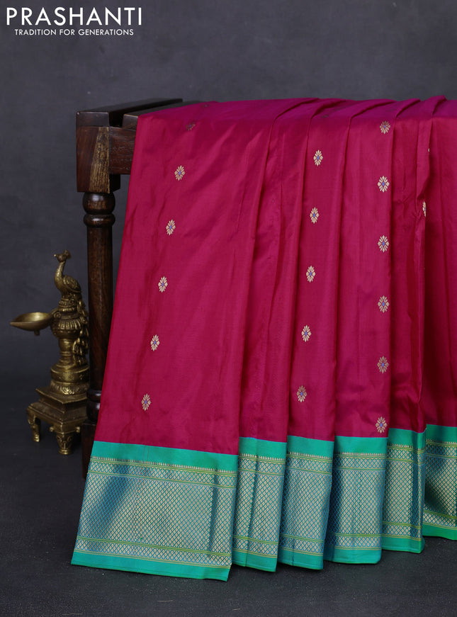 Pure paithani silk saree pink and teal green with zari woven buttas and zari woven korvai border