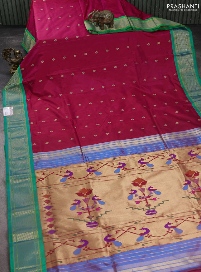 Pure paithani silk saree pink and teal green with zari woven buttas and zari woven korvai border
