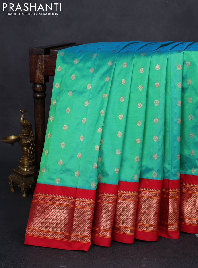 Pure paithani silk saree teal green and red with zari woven buttas and zari woven korvai border