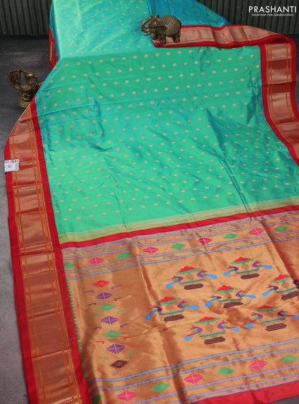 Pure paithani silk saree teal green and red with zari woven buttas and zari woven korvai border