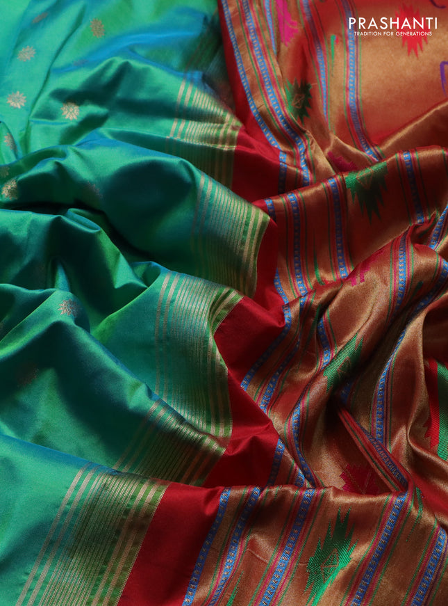 Pure paithani silk saree teal green and red with zari woven buttas and zari woven korvai border