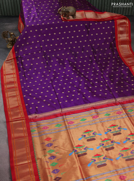 Pure paithani silk saree purple and red with zari woven buttas and zari woven korvai border