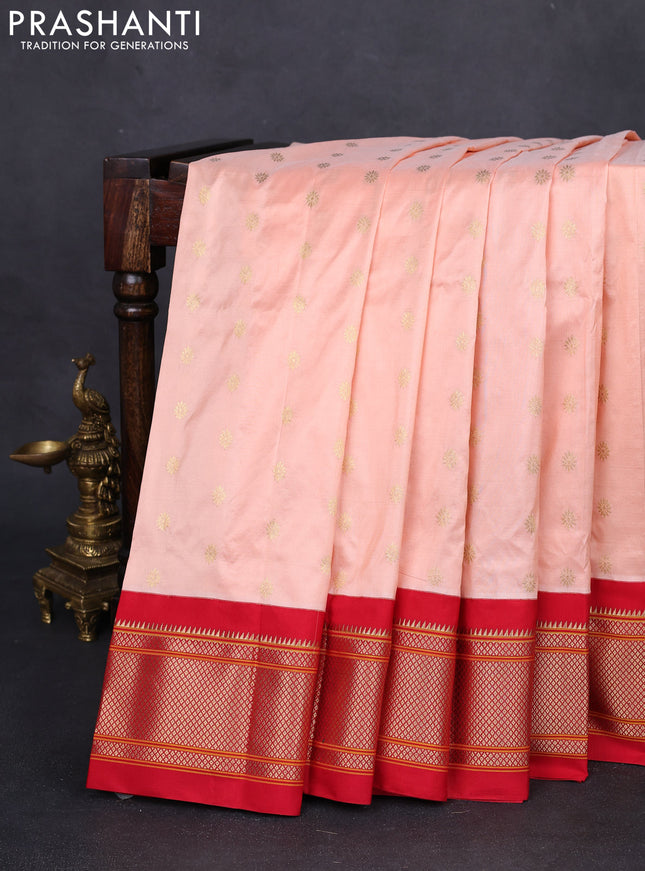 Pure paithani silk saree pale orange and red with zari woven buttas and zari woven korvai border