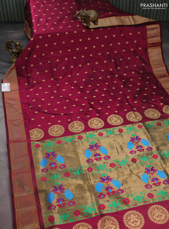 Pure paithani silk saree dark magenta pink with zari woven buttas and zari woven border