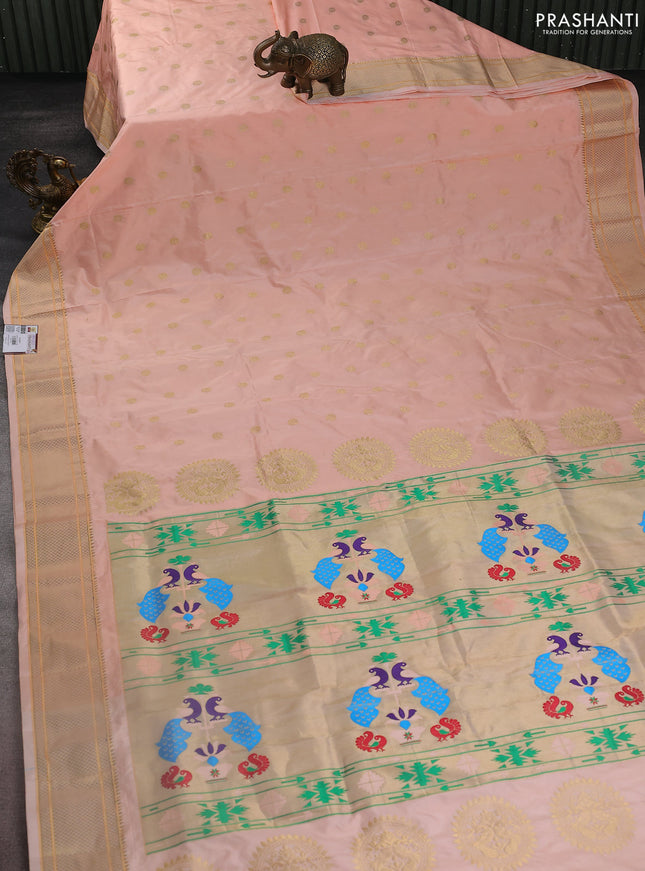 Pure paithani silk saree pale orange with zari woven buttas and zari woven border