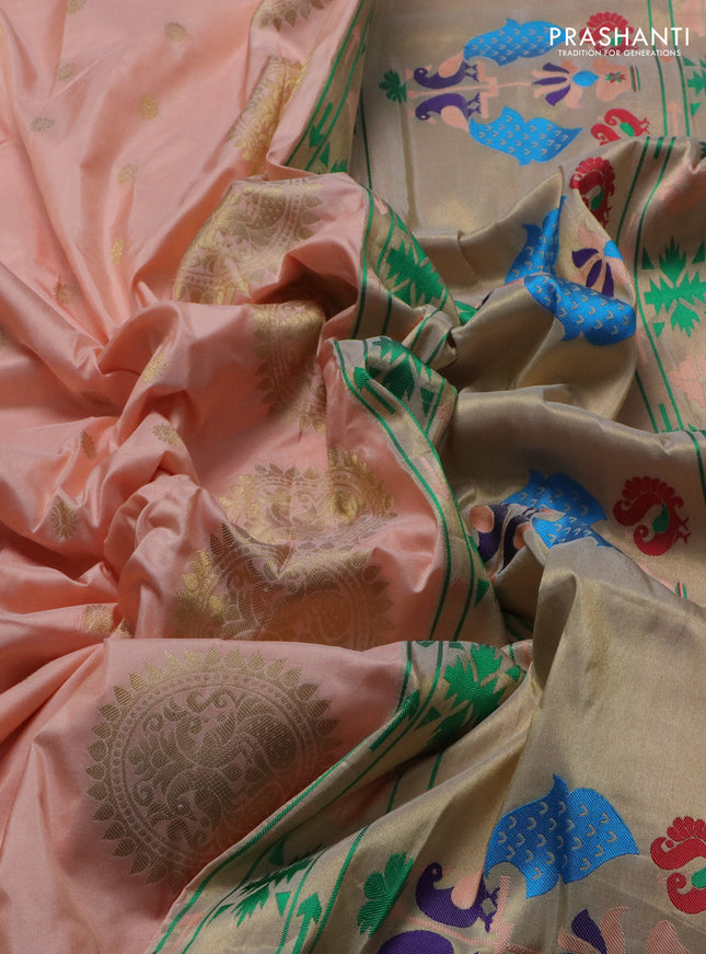 Pure paithani silk saree pale orange with zari woven buttas and zari woven border