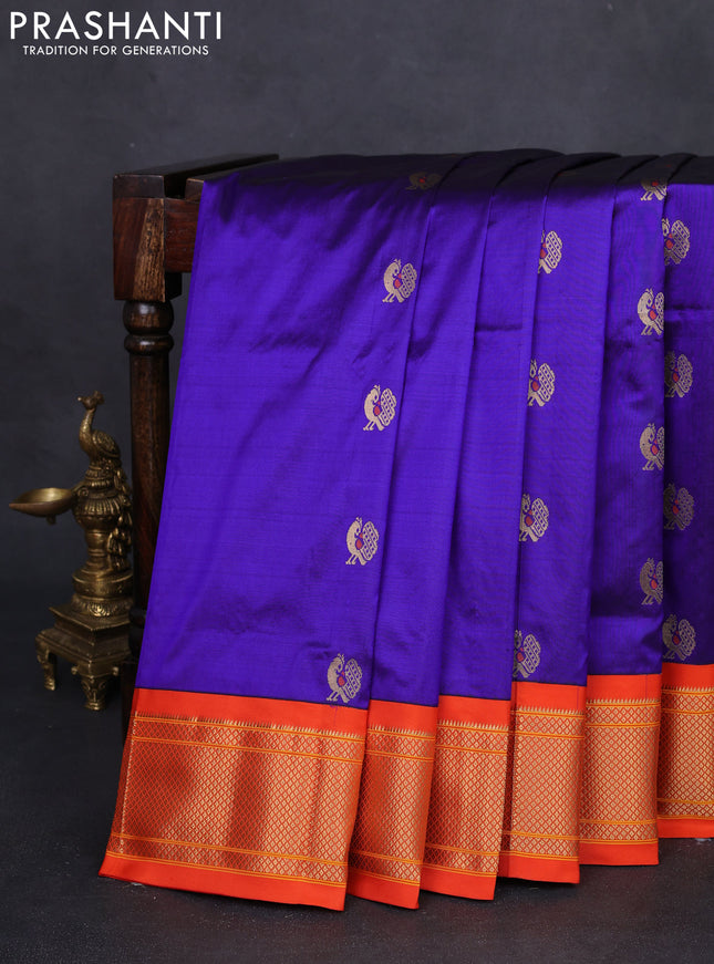 Pure paithani silk saree blue and orange with annam zari woven buttas and zari woven korvai border