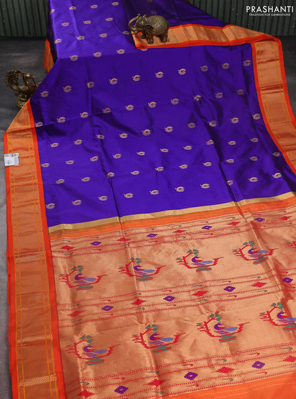Pure paithani silk saree blue and orange with annam zari woven buttas and zari woven korvai border